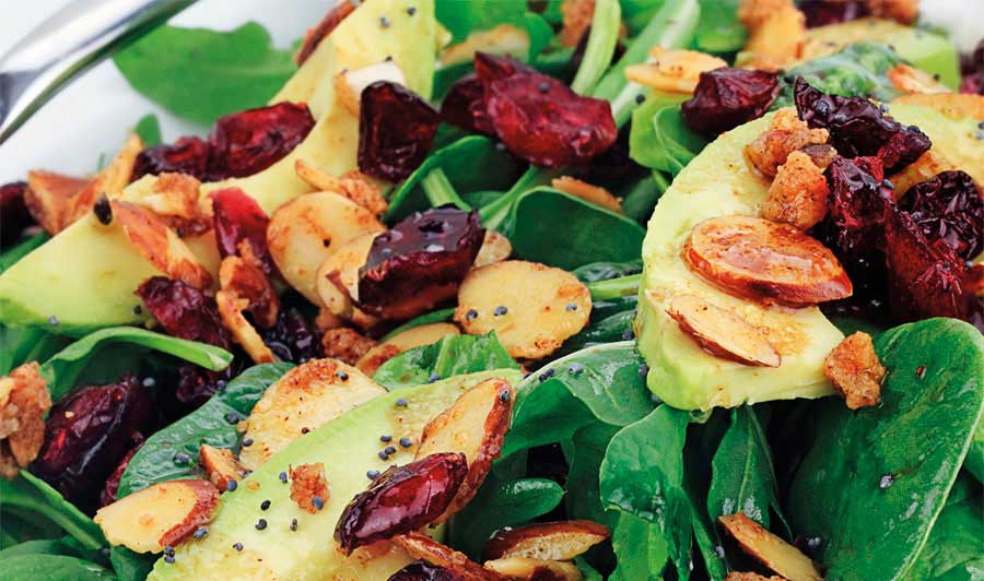 Σαλάτα με σπανάκι, ρόκα, αβοκάντο και αποξηραμένα κράνμπερις